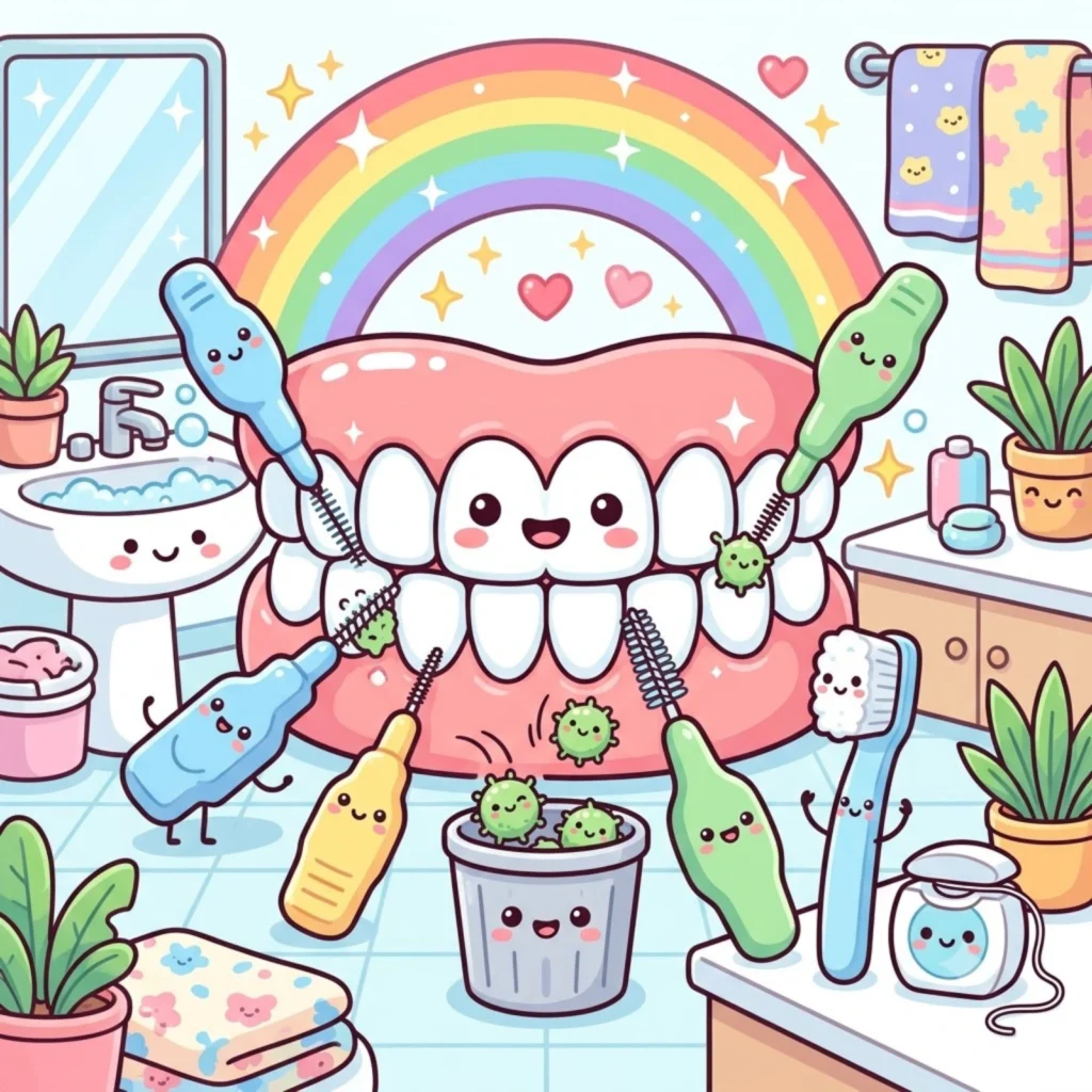 Cartoon mouth with interdental brush characters cleaning between the teeth in a bathroom