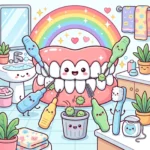 Cartoon mouth with interdental brush characters cleaning between the teeth in a bathroom
