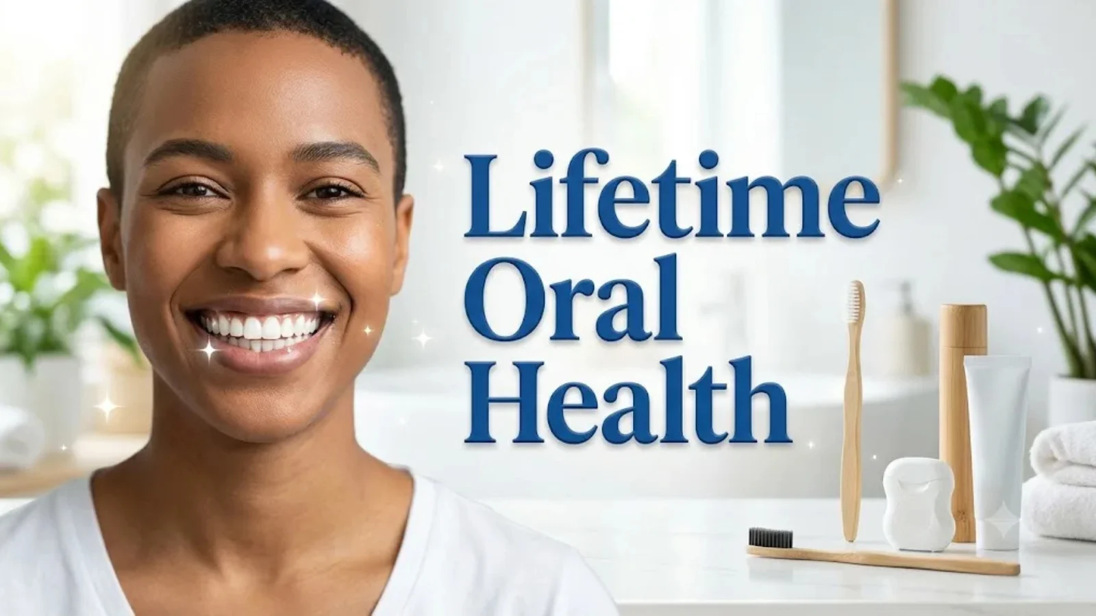 A woman smiling to show clean, healthy teeth beside a bamboo toothbrush, toothpaste and dental floss on a bathroom counter, titled Lifetime Oral Health