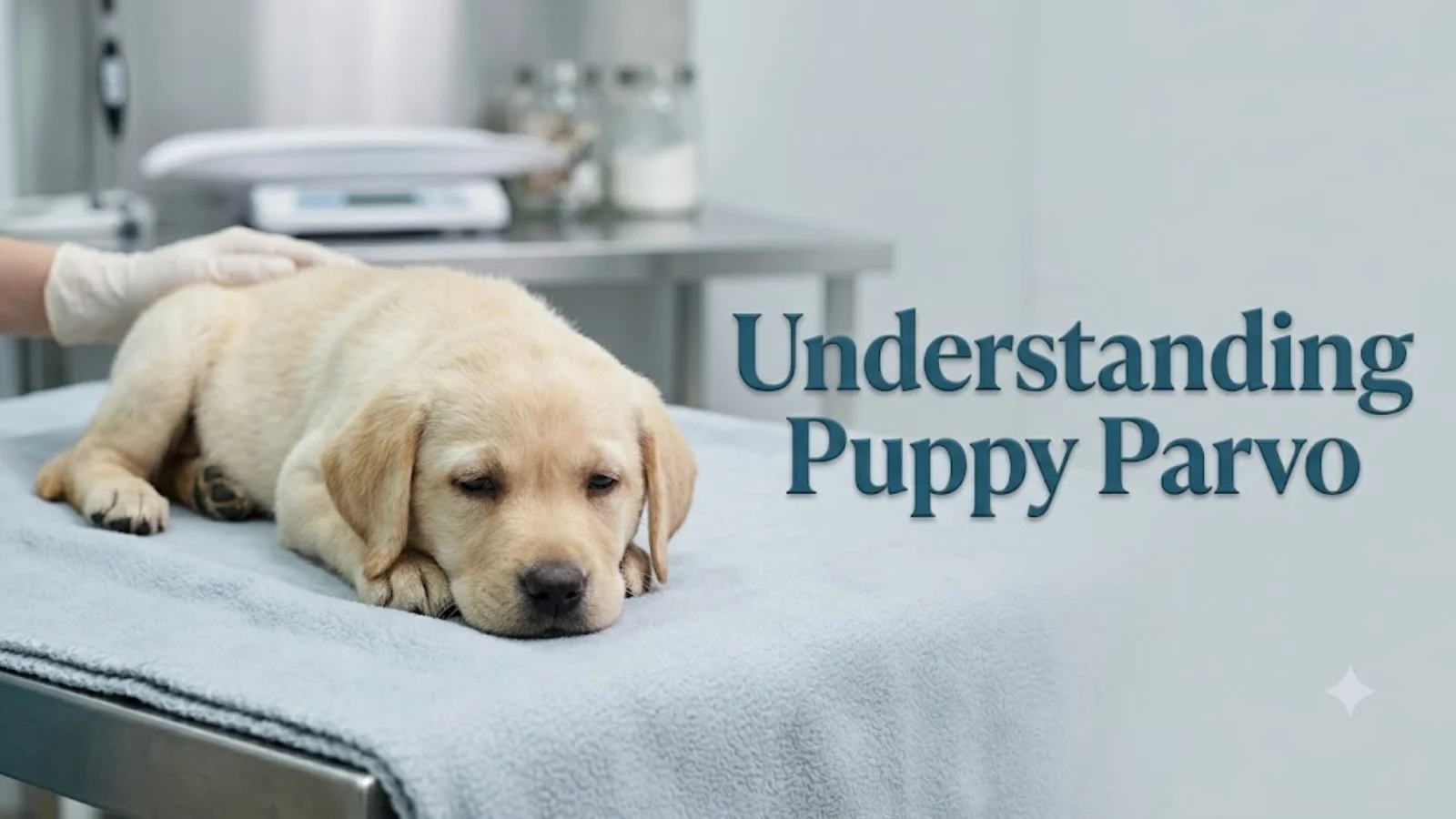 What Is Parvo Virus and Why Is It Deadly in Puppies? A Vet Explains What Every Pet Parent Must Know 2 A pale Labrador puppy lying listlessly on a vet examination table while a gloved hand rests on its back, titled Understanding Puppy Parvo
