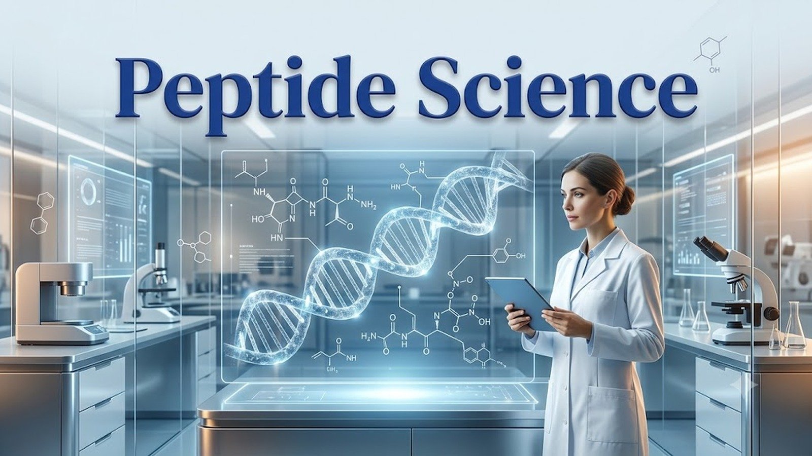 Peptides: What They Are, How They Work, and Where They Stand in 2026 2 Peptide science laboratory with a glowing DNA double helix and amino acid structures on a holographic display, with a researcher reviewing data on a tablet