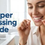 Title graphic reading Proper Flossing Guide, showing a woman flossing her upper front teeth at a bathroom mirror