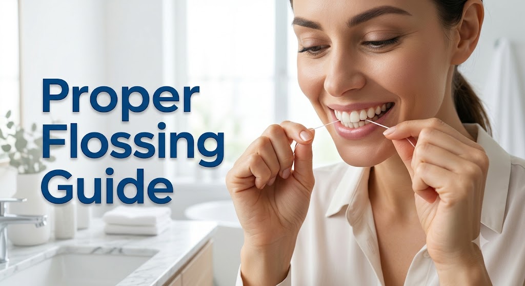 Title graphic reading Proper Flossing Guide, showing a woman flossing her upper front teeth at a bathroom mirror