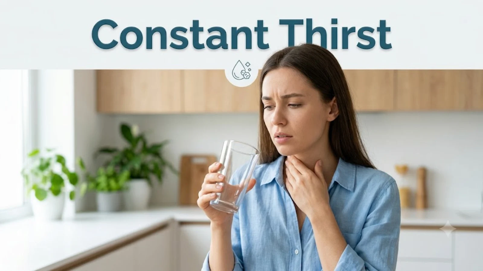 A woman in a kitchen holding a glass of water and touching her throat, titled Constant Thirst