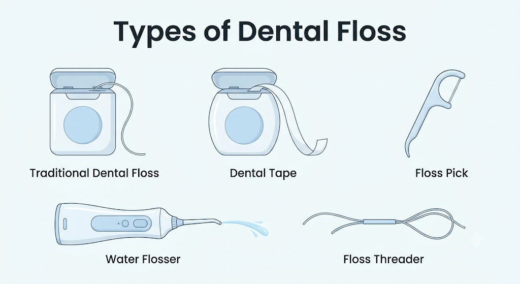 Illustration of five interdental cleaning tools: traditional dental floss, dental tape, a floss pick, a water flosser and a floss threader