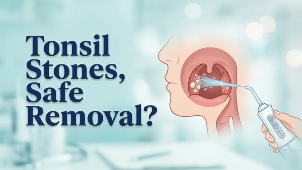 Water Flosser for Tonsil Stones: Does It Work, and Is It Safe? 2 Head cross-section showing the tonsil area with a water flosser, headed Tonsil Stones, Safe Removal