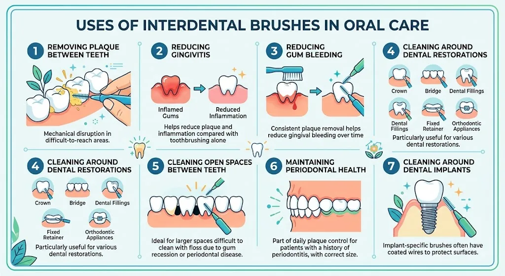 Interdental Brushes: Uses, Benefits, Types, Disadvantages, and the Best Interdental Brush for Gum Health 4 Infographic showing seven uses of interdental brushes: removing plaque between teeth, reducing gingivitis, reducing gum bleeding, cleaning around crowns, bridges, fillings and braces, cleaning open spaces, maintaining periodontal health, and cleaning around dental implants