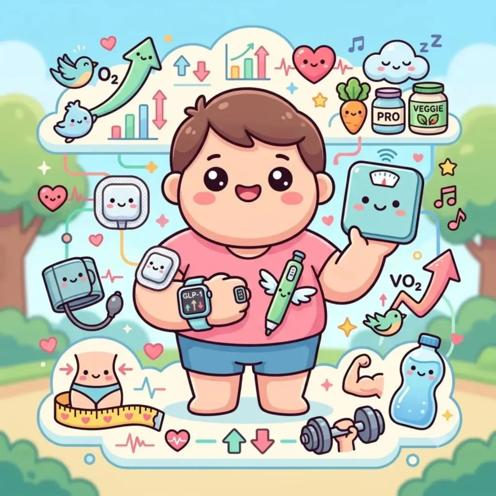 Cartoon figure surrounded by a smart scale, blood-pressure cuff, smartwatch, GLP-1 pen and tape measure