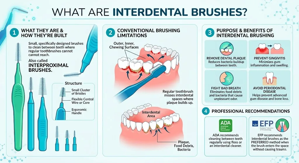 Interdental Brushes: Uses, Benefits, Types, Disadvantages, and the Best Interdental Brush for Gum Health 3 Infographic explaining what interdental brushes are and how they are built, why a regular toothbrush misses the spaces between teeth, the benefits of interdental brushing, and the ADA and EFP recommendations