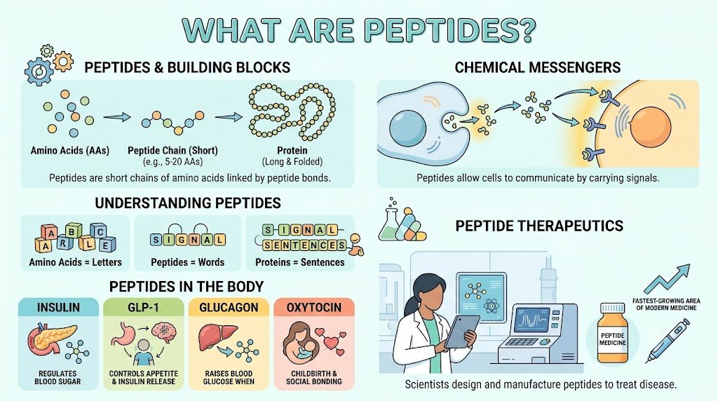 Peptides: What They Are, How They Work, and Where They Stand in 2026 3 Infographic explaining what peptides are: amino acids link into short peptide chains and then into longer folded proteins, peptides carry signals between cells, and examples in the body include insulin, GLP-1, glucagon and oxytocin