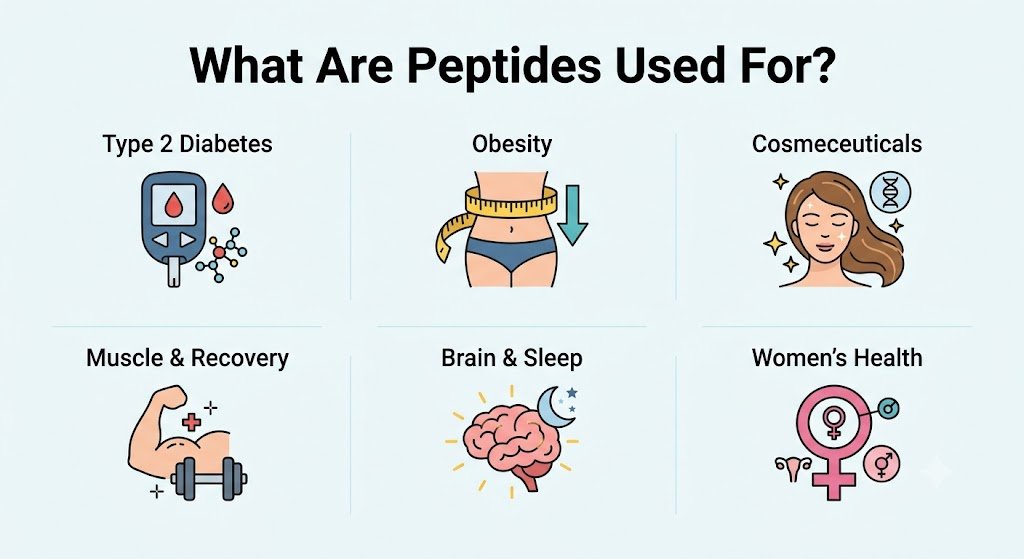 Peptides: What They Are, How They Work, and Where They Stand in 2026 4 Infographic showing six areas peptides are used in: type 2 diabetes, obesity, cosmeceuticals, muscle and recovery, brain and sleep, and women's health