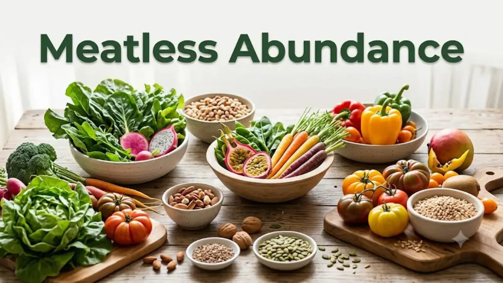 Can Humanity Thrive Without Meat and Fish? The Abundant Promise of a Plant-Powered Future 2 A wooden table filled with leafy greens, colourful vegetables, fruit, beans, nuts and seeds, titled Meatless Abundance