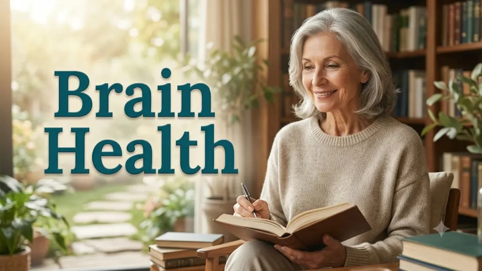 An older woman writing in a notebook in a sunlit room lined with books, titled Brain Health
