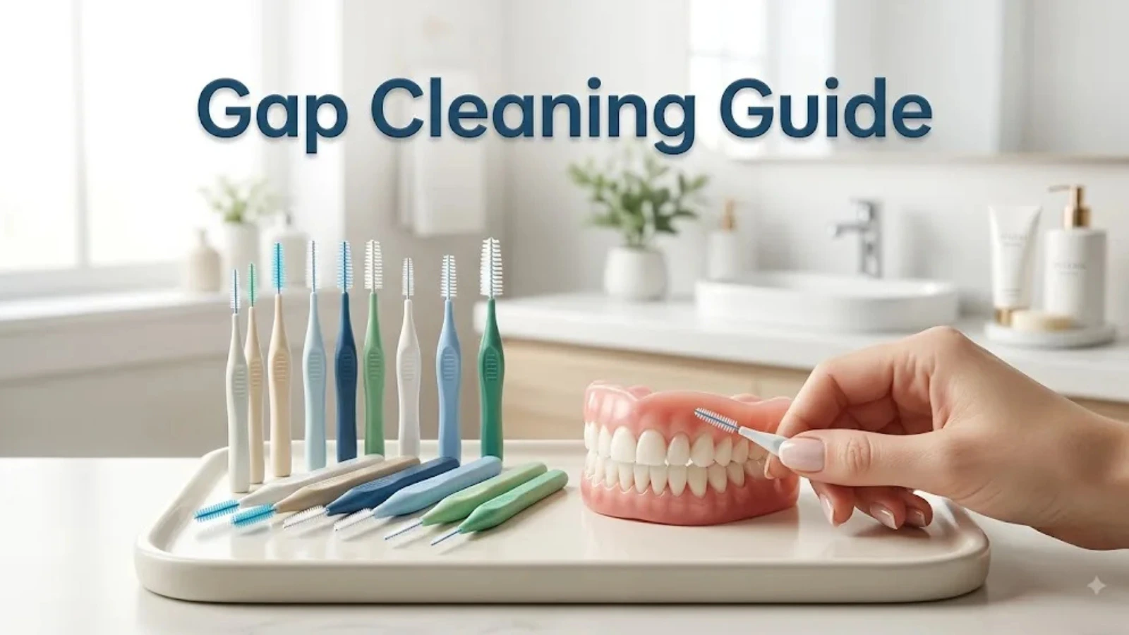 Interdental Brushes: Uses, Benefits, Types, Disadvantages, and the Best Interdental Brush for Gum Health 2 Row of interdental brushes beside a model of teeth, headed Gap Cleaning Guide