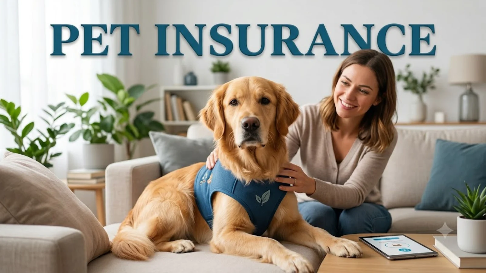 A golden retriever wearing a harness resting on a sofa while its owner strokes it, with a pet insurance app open on a tablet beside them
