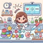 Cartoon scientist in a laboratory with amino acid blocks and peptide molecules, illustrating what peptides are