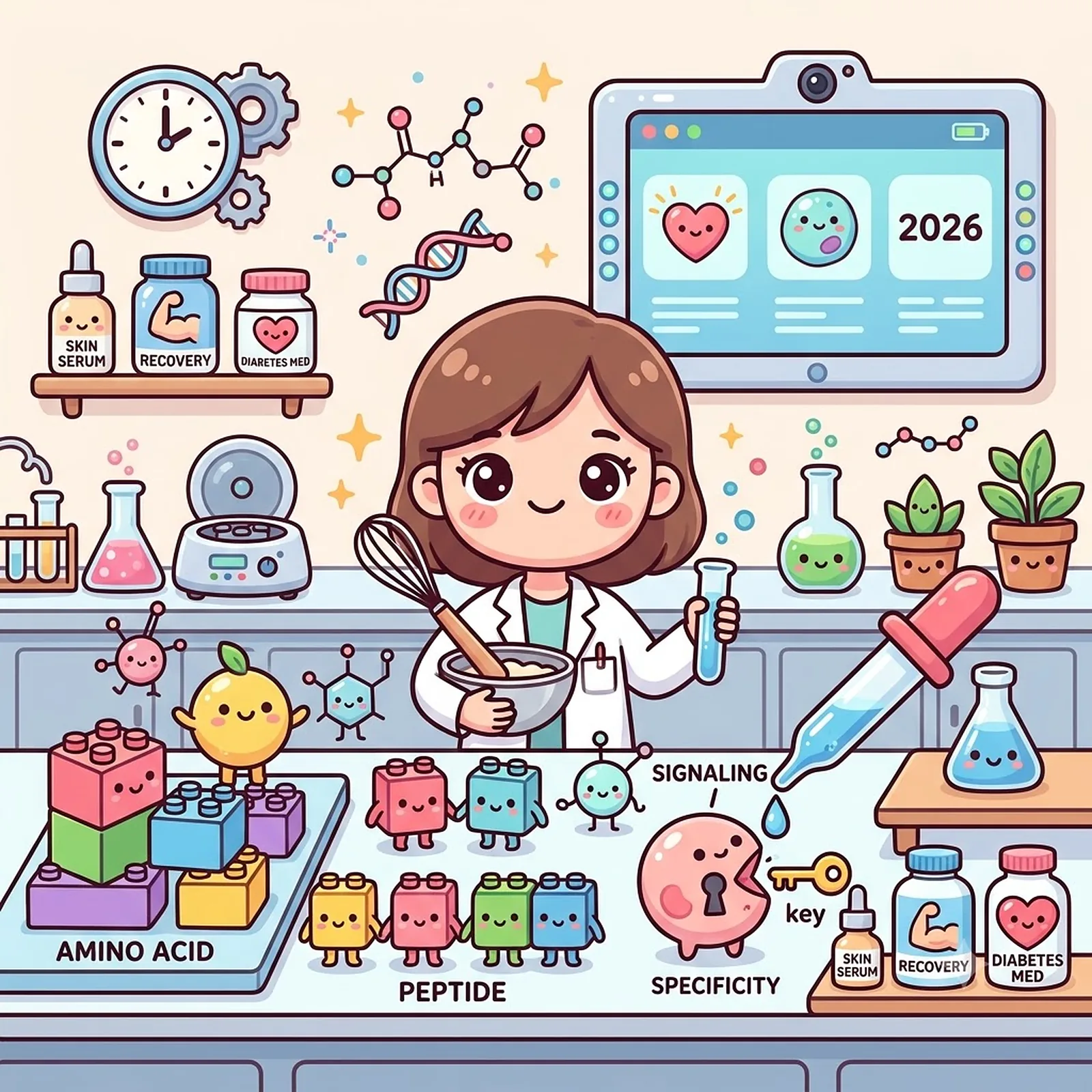 Cartoon scientist in a laboratory with amino acid blocks and peptide molecules, illustrating what peptides are