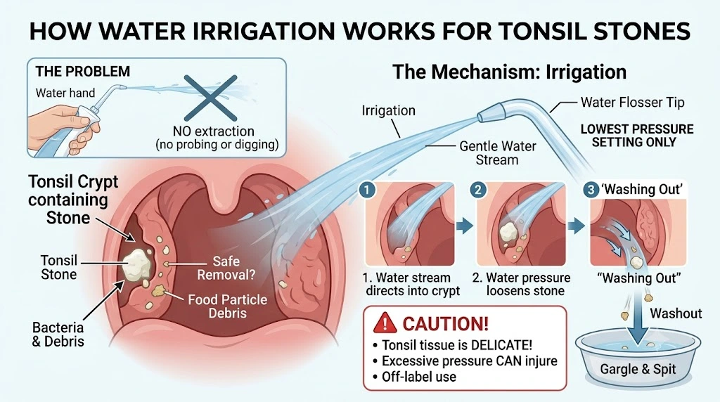 Water Flosser for Tonsil Stones: Does It Work, and Is It Safe? 4 Infographic on how water irrigation removes tonsil stones, with the three-step mechanism and a caution on water pressure