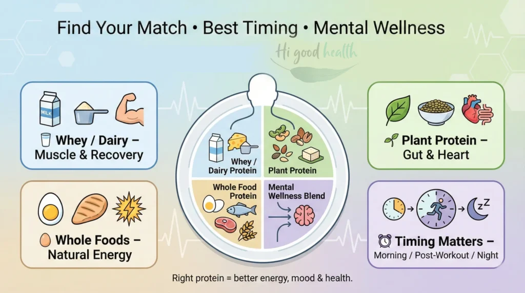 Which Protein Is Best for You? Find Your Match, Ideal Timing & Mental Wellness (No More Myths) 3 Infographic matching protein types to goals: whey and dairy for muscle recovery, plant protein for gut and heart