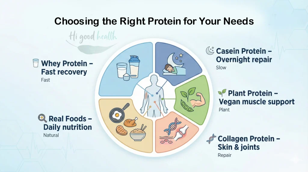 Which Protein Is Best for You? Find Your Match, Ideal Timing & Mental Wellness (No More Myths) 4 Infographic on choosing the right protein, comparing whey for fast recovery, casein overnight, real foods and vegan options