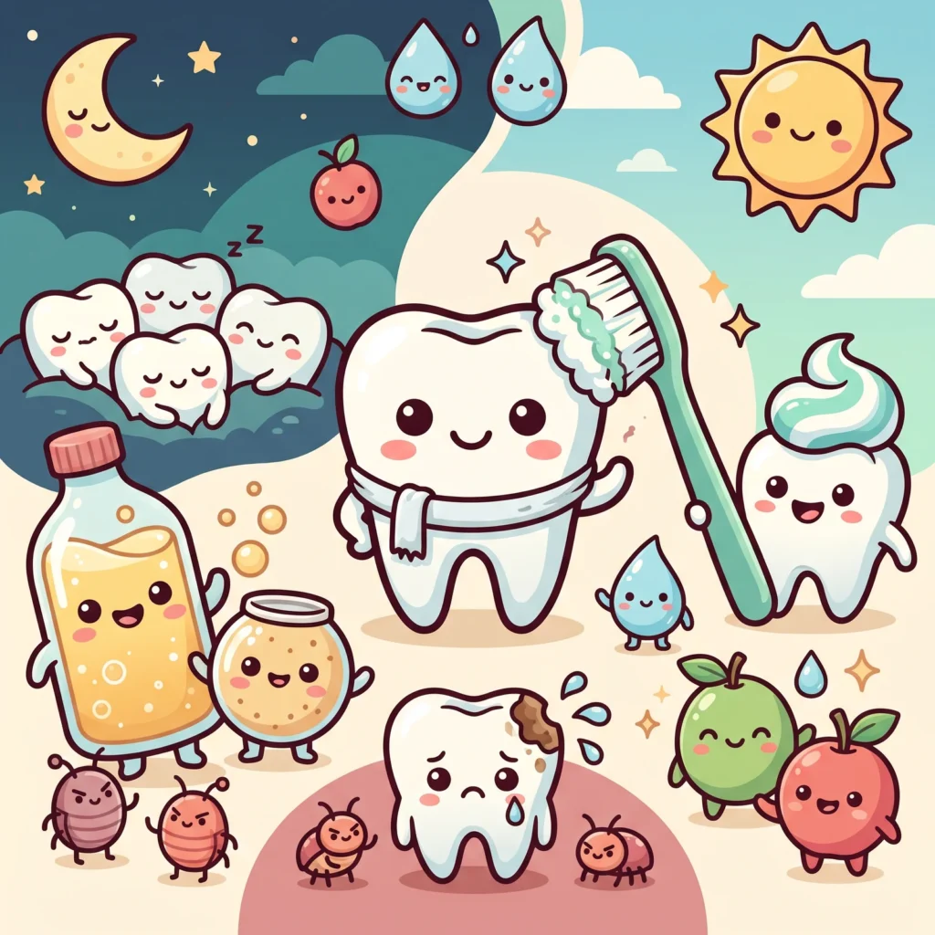 Cartoon illustration: a night sky with sleeping teeth and a milk bottle on one side, daytime with a sun, toothbrush and toothpaste on the other, and below them a sad tooth with a brown cavity in it