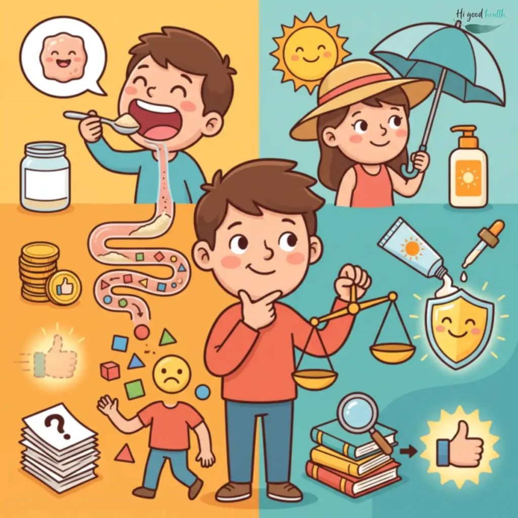 Cartoon card following a spoonful of collagen powder from the mouth through the gut, where it breaks into scattered coloured shapes that travel all over the body rather than to the face, set beside a sunhat, umbrella and sunscreen, a stack of question-marked papers, coins with a thumbs-up, and a pair of scales.