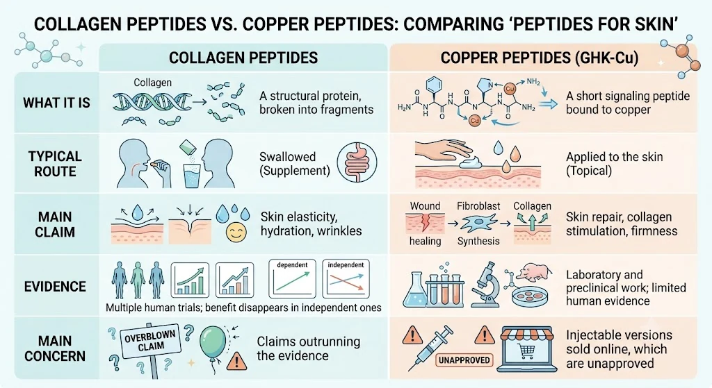 Comparison of collagen peptides and GHK-Cu copper peptides: a structural protein broken into fragments that is swallowed, against a short copper-bound signaling peptide applied to the skin, with multiple human trials on one side whose benefit disappears in independent studies, and laboratory and preclinical work on the other, sold in unapproved injectable versions.