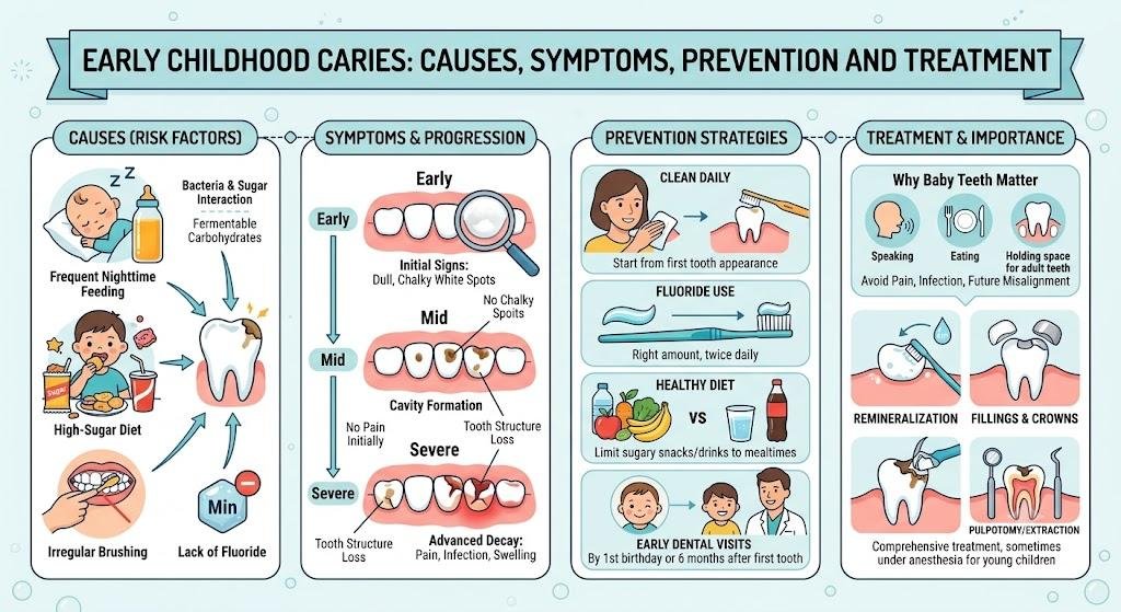 Infographic summarising early childhood caries: the risk factors of frequent night-time feeding, a high-sugar diet, irregular brushing and lack of fluoride; the early, mid and severe stages of decay; prevention through daily cleaning, the right amount of fluoride, limiting sugar to mealtimes and early dental visits; and why baby teeth matter for speaking, eating and holding space for the adult teeth.