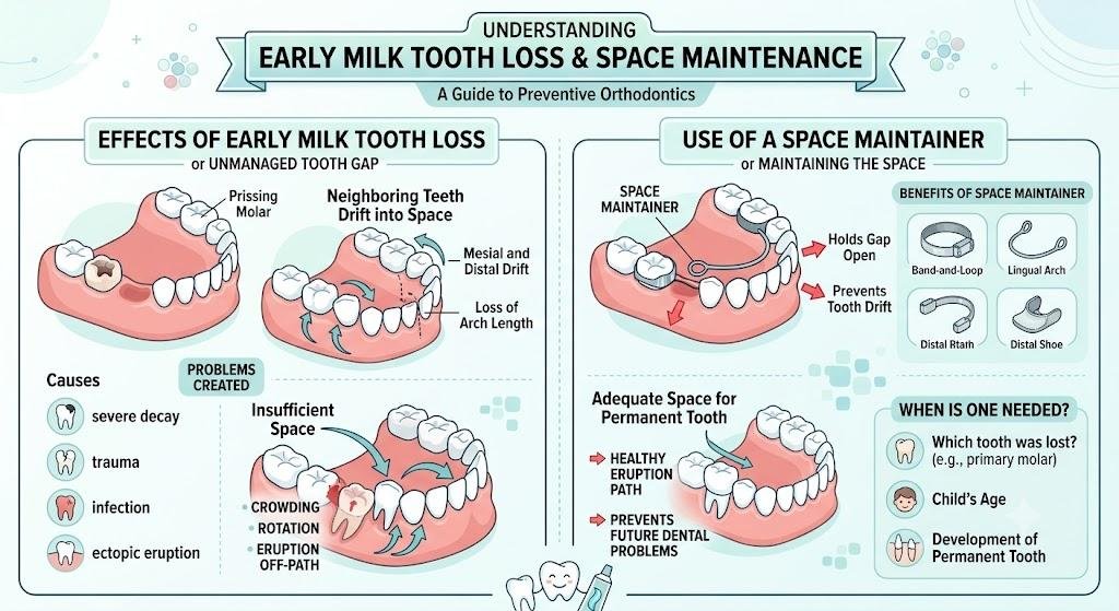Milk Teeth Falling Out: Age, Order, Timeline, and What Parents Should Know 6 Infographic on early milk tooth loss and space maintenance: how neighbouring teeth drift into an unmanaged gap and cause crowding, rotation and off-path eruption, and how a space maintainer holds the gap open until the permanent tooth is ready.