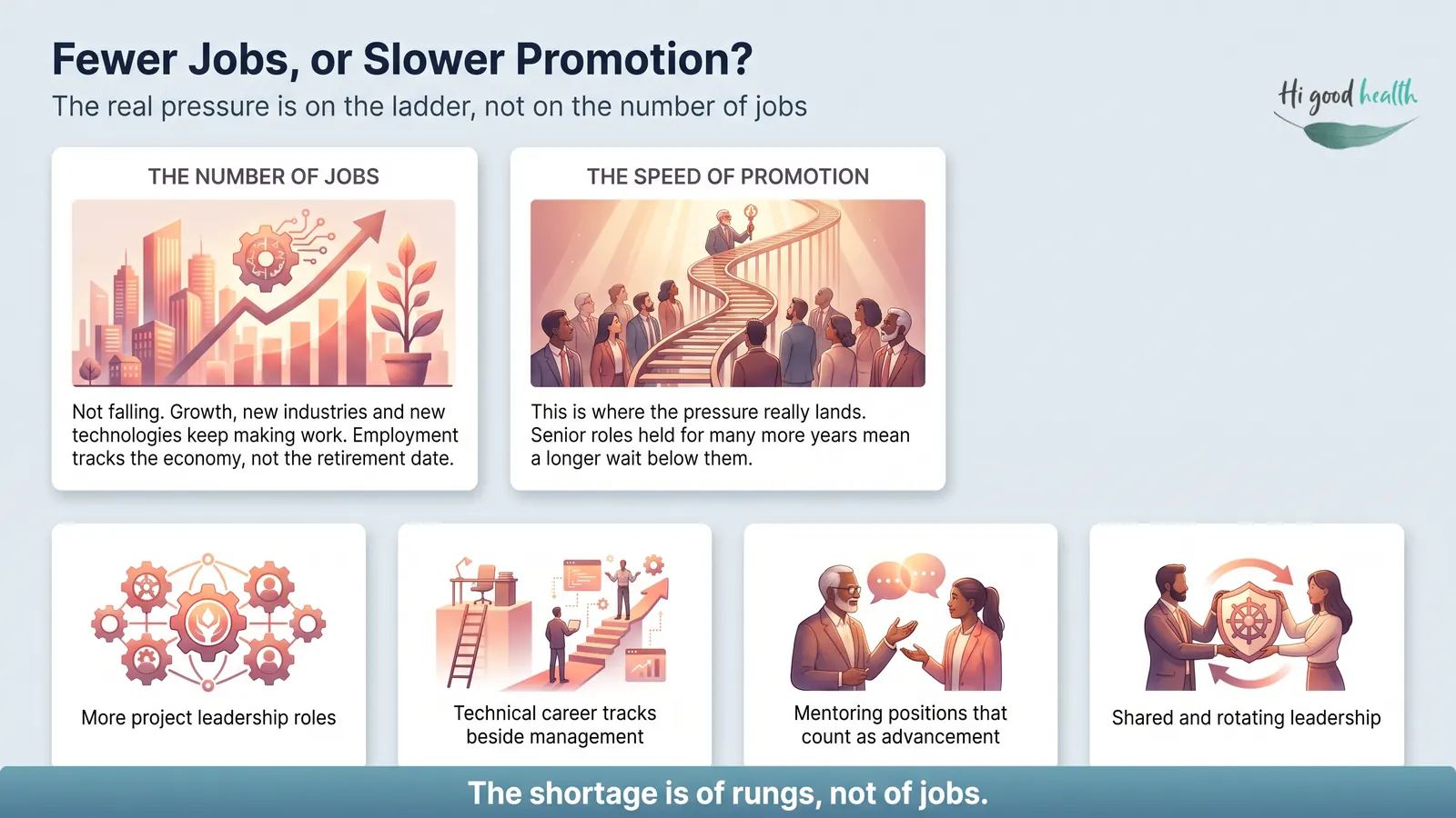 Will Longer Lives Take Away Jobs from the Younger Generation? | Reverse Aging | Part 4 5 Infographic: the number of jobs is not falling, but the speed of promotion slows when senior roles are held longer — with four ways companies can open up progression