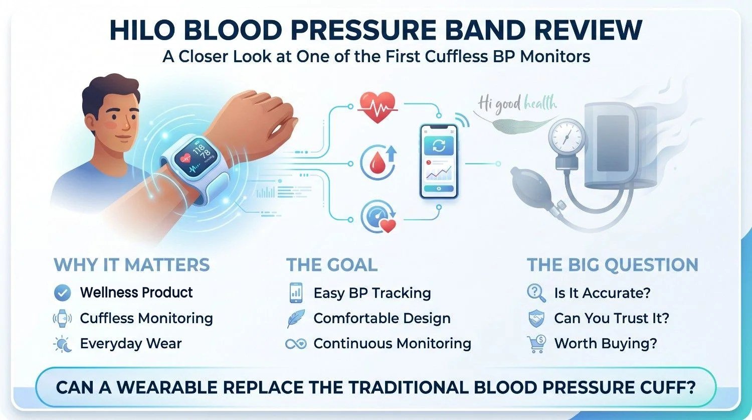 Hilo (Aktiia) Blood Pressure Band Review 2026: Is This the Cuffless Monitor People Have Been Waiting For? 3 Infographic: the Hilo band is a wellness product for cuffless, everyday blood pressure monitoring — is it accurate, trustworthy and worth buying?