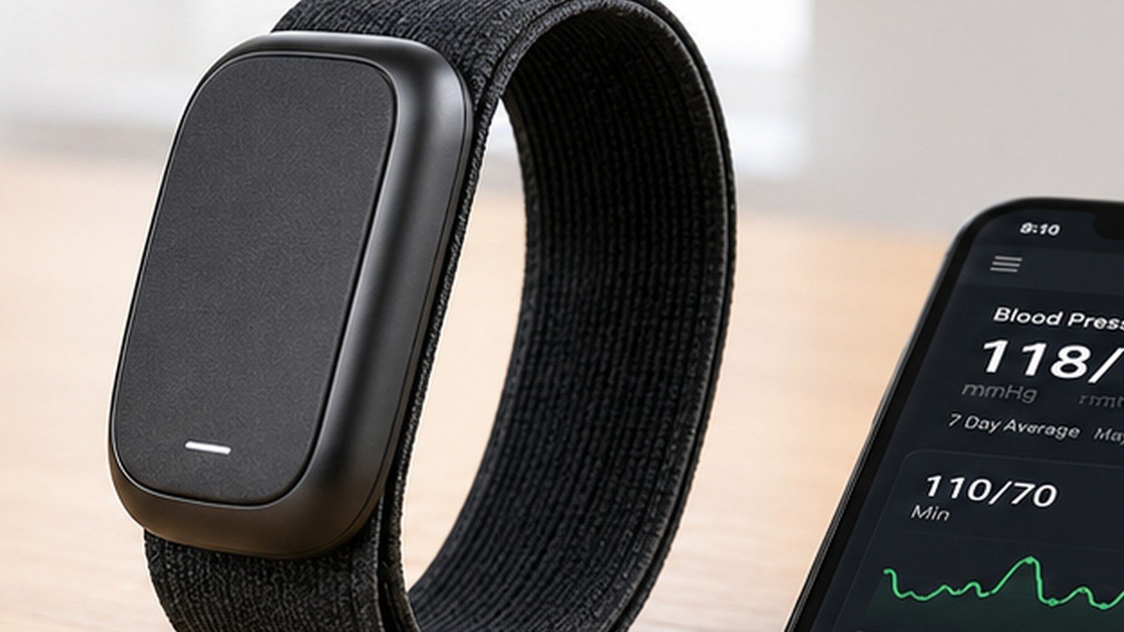 Hilo (Aktiia) Blood Pressure Band Review 2026: Is This the Cuffless Monitor People Have Been Waiting For? 2 The Hilo band by Aktiia resting on a desk beside a phone showing the app's blood pressure reading of 118 over 76 and a seven-day average.