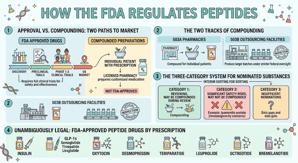 Infographic: how the FDA regulates peptides — approval versus compounding, the 503A and 503B tracks, the three interim categories, and the peptide drugs that are approved by prescription