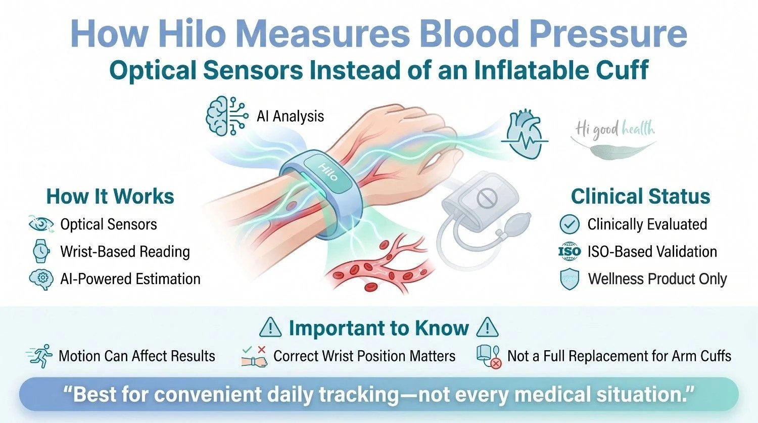 Hilo (Aktiia) Blood Pressure Band Review 2026: Is This the Cuffless Monitor People Have Been Waiting For? 4 Infographic: the Hilo band uses optical wrist sensors instead of an inflatable cuff; clinically evaluated, ISO-based validation, wellness product only.