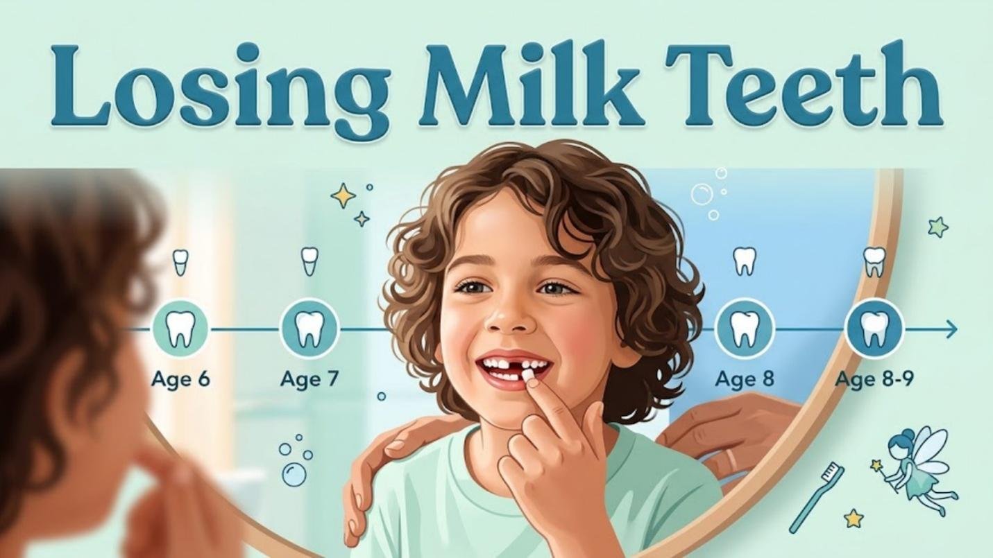Milk Teeth Falling Out: Age, Order, Timeline, and What Parents Should Know 2 A child smiling into a mirror and pointing at the gap where a lower front milk tooth has come out, with a timeline marking ages six to nine, under the heading Losing Milk Teeth.