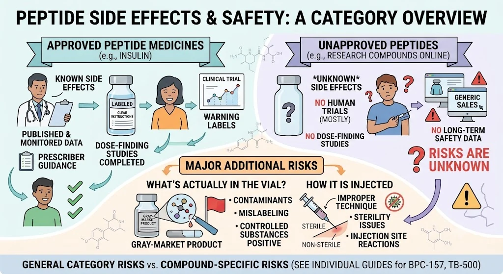 Peptide Side Effects and Risks: What the Research Actually Shows 3 Category overview contrasting approved peptide medicines, which carry published and monitored data, completed dose-finding studies, labeling and warning labels, with unapproved peptides, which have no human trials, no dose-finding studies and no long-term safety data, plus the added risks of contaminants, mislabeling, controlled substances and improper injection technique.