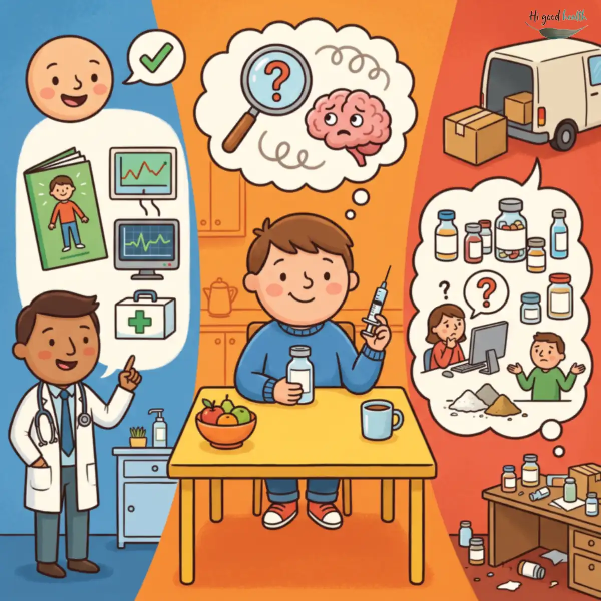 Cartoon card in three coloured zones: a doctor beside monitors and a first-aid kit, where side effects are known and watched; a person injecting themselves at a kitchen table; and a grey-market scene of unlabelled vials, loose powders and a delivery van with question marks over it.