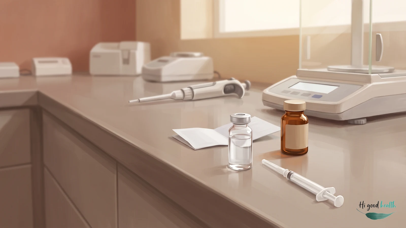 Peptide Side Effects and Risks: What the Research Actually Shows 2 A modern pharmacy bench in warm daylight: a clear glass vial and an amber vial stand beside a syringe and an unfolded leaflet, with a pipette and an analytical balance further along the counter.