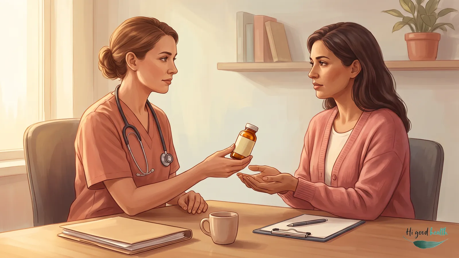 A clinician in scrubs with a stethoscope sits across a desk from a woman patient and hands her a medicine bottle, with a folder, a mug and a clipboard on the desk between them, in a calm consulting room.
