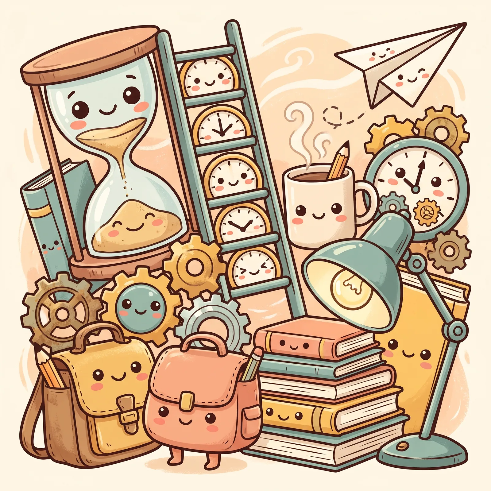 Card illustration for Part 4: friendly cartoon objects of work and time — an hourglass, a ladder, clocks, satchels, books, gears and a desk lamp