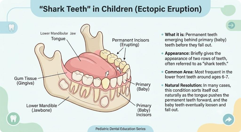 Milk Teeth Falling Out: Age, Order, Timeline, and What Parents Should Know 5 Illustration of shark teeth in children: permanent incisors erupting behind the lower baby teeth to create two rows, with notes on what it is, where it happens and how it usually resolves on its own.