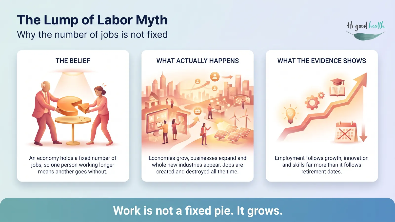 Will Longer Lives Take Away Jobs from the Younger Generation? | Reverse Aging | Part 4 3 Infographic: the lump of labor myth — the mistaken belief that jobs are a fixed pie, what actually happens as economies grow, and what the evidence shows about employment and retirement dates