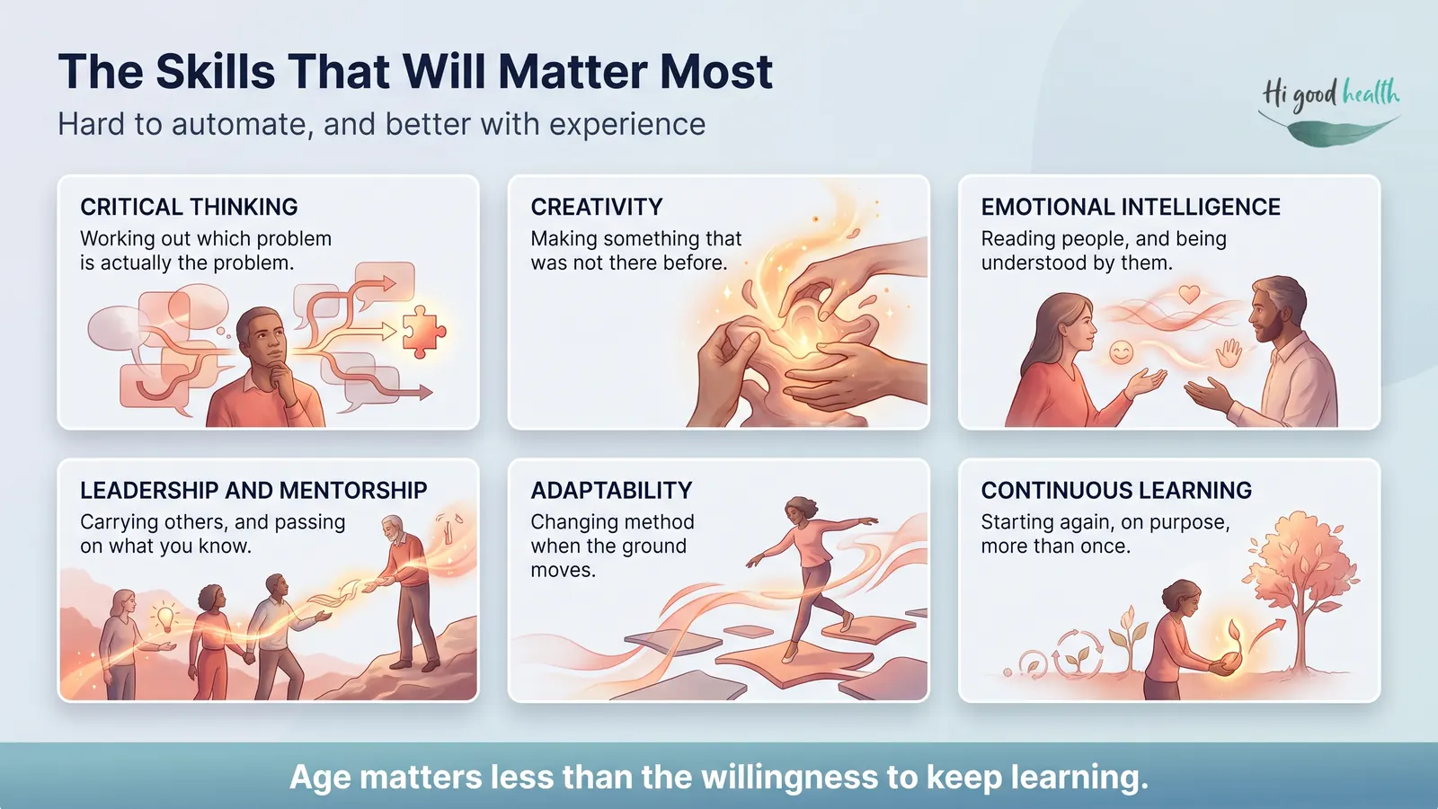 Will Longer Lives Take Away Jobs from the Younger Generation? | Reverse Aging | Part 4 4 Infographic: six skills that stay valuable in a longevity economy — critical thinking, creativity, emotional intelligence, leadership and mentorship, adaptability, and continuous learning