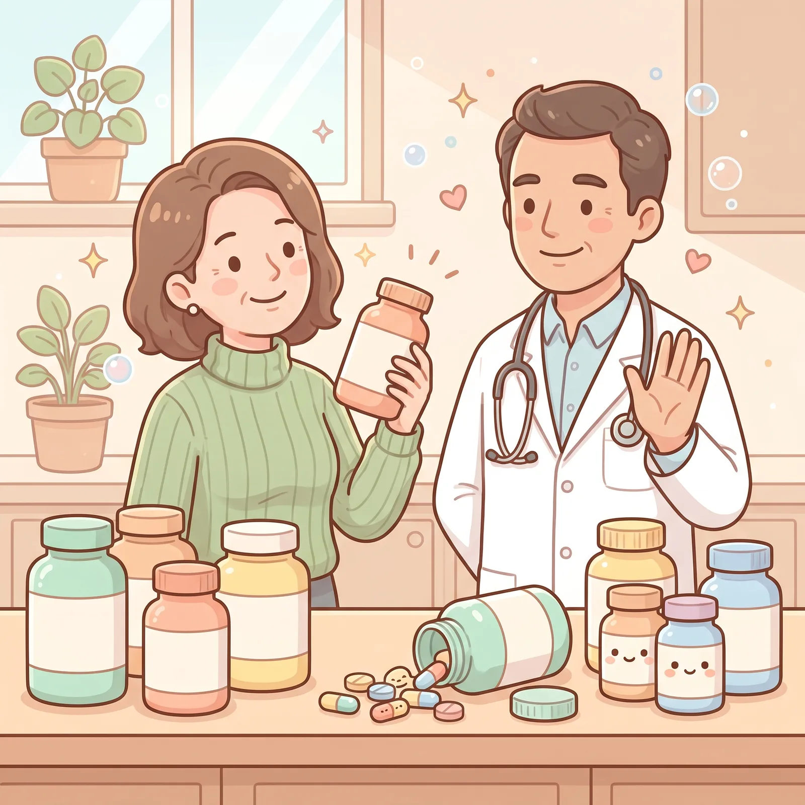 Cartoon woman at a kitchen counter crowded with supplement bottles, holding one up while a doctor raises a calm open palm, with capsules spilled from a tipped bottle