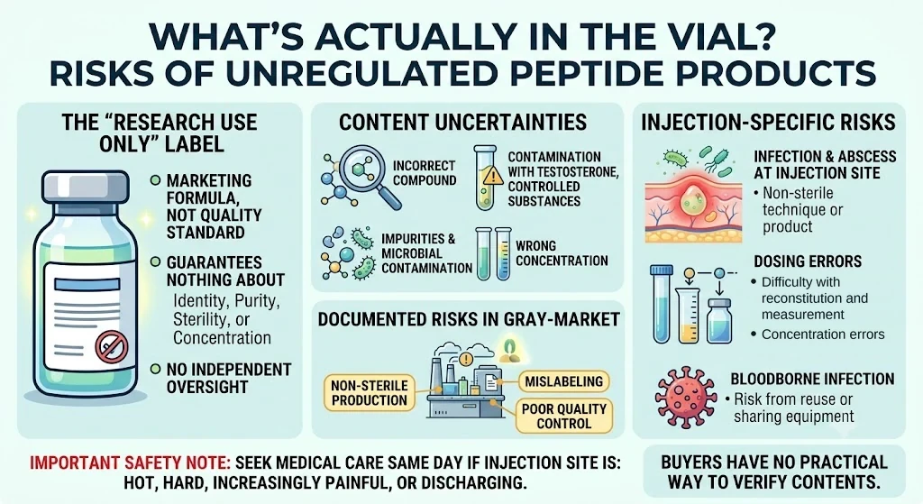 Peptide Side Effects and Risks: What the Research Actually Shows 4 What may be in an unapproved vial: a research-use-only label that guarantees nothing about identity, purity, sterility or concentration and carries no independent oversight; incorrect compound, impurities, microbial contamination and wrong concentration; and injection-specific risks including abscess at the site, reconstitution and measurement errors, and bloodborne infection from reused equipment.