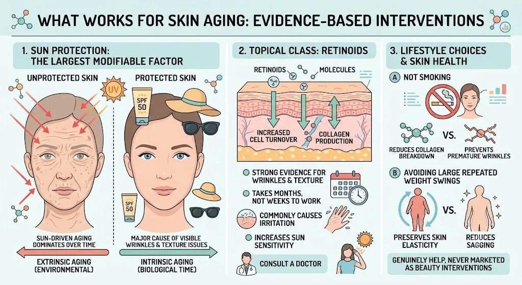 What the evidence supports for skin aging: sun protection as the largest modifiable factor, topical retinoids as the one class with strong evidence for wrinkles and texture though they take months and commonly cause irritation, and not smoking and avoiding large repeated weight swings.