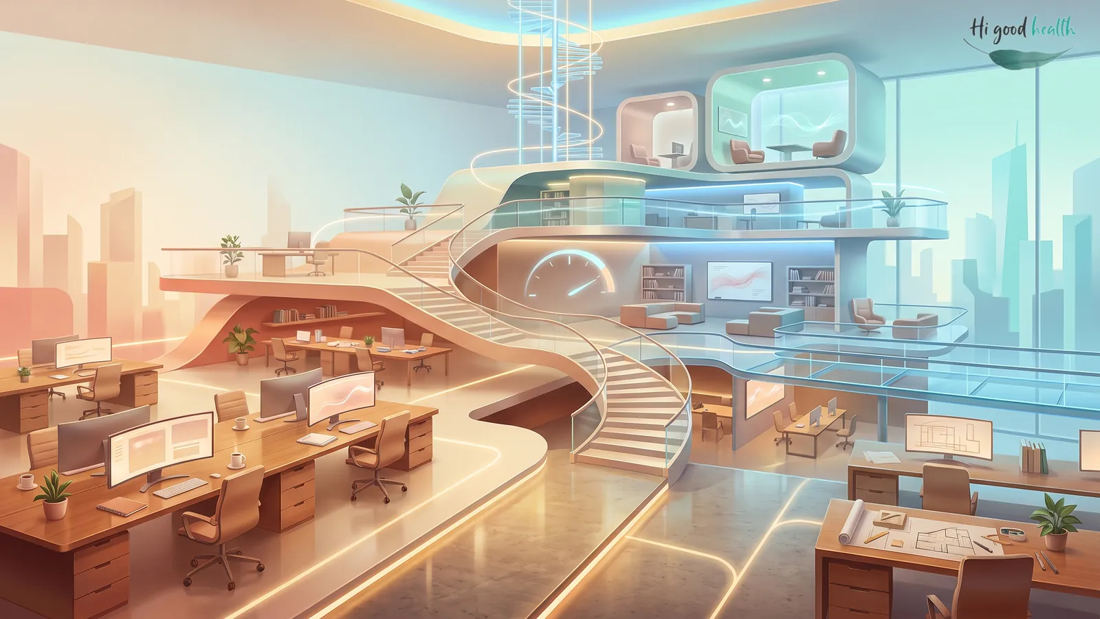 Will Longer Lives Take Away Jobs from the Younger Generation? | Reverse Aging | Part 4 2 A modern open-plan workplace with desks and workstations on the ground floor and a wide staircase curving upward past meeting rooms and libraries on the floors above, so the building itself reads as work opening upward rather than filling up.