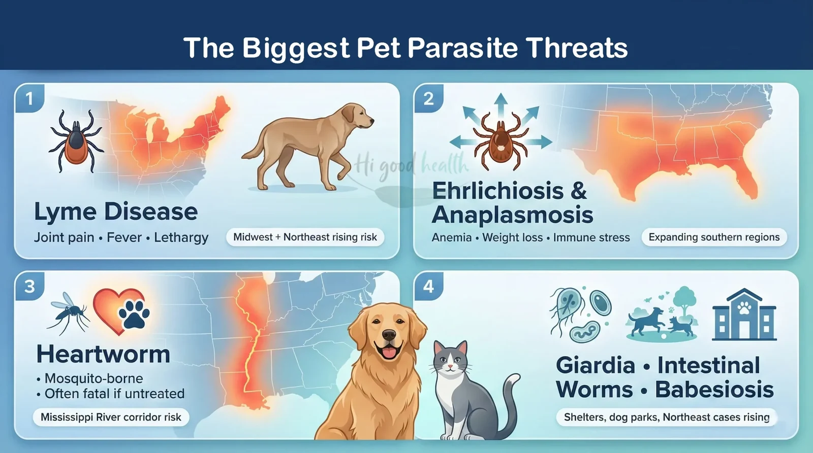 The Silent Threat: A 2026 Guide to Tick-Borne Diseases for US Pet Parents | Ticks & Skin: Pet Diseases | Part 1 4 Map-based infographic of the biggest US pet parasite threats: Lyme disease rising in the Midwest and Northeast, ehrlichiosis and anaplasmosis spreading in southern regions, heartworm along the Mississippi River corridor, and giardia, intestinal worms and babesiosis