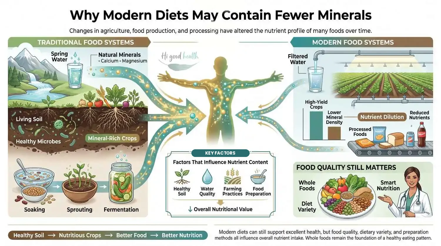 60+ Essential Minerals That Protected Our Ancestors — but Are Missing from Your Multivitamin 4 Infographic on why modern diets may contain fewer minerals, contrasting traditional food systems of living soil, spring water, soaking and fermentation with high-yield crops, filtered water and processed foods