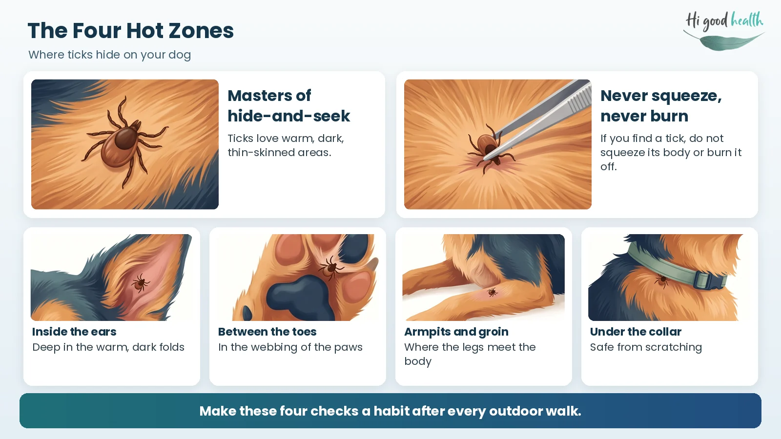 Recognizing the Signs: What Every US Pet Parent Must Watch For | Ticks & Skin: Pet Diseases | Part 2 5 The four Hot Zones where ticks hide on a dog — inside the ears, between the toes, the armpits and groin, and under the collar — with a reminder never to squeeze or burn a tick off